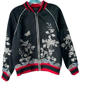 Japanese Style Women's Sz L bomber jacket Black Red Floral Embroidered Full Zip - Picture 1 of 6