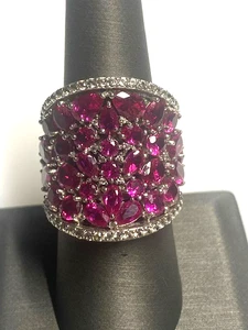 925 STERLING SILVER LAB-CREATED RUBY AND COLORLESS TOPAZ CONCAVE RING SIZE 7.75 - Picture 1 of 7