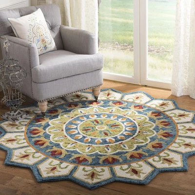 Alfombra Colección Novedad - 5' Redonda, Marfil y Azul, Hecha a Mano Boho Mandala Flor Foto 1 de 4