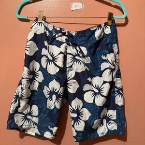 H&M Boys Swim Trunks Shorts 12-14 Blue White Hawaiian Hibiscus Flower Swimwear - Picture 1 of 7