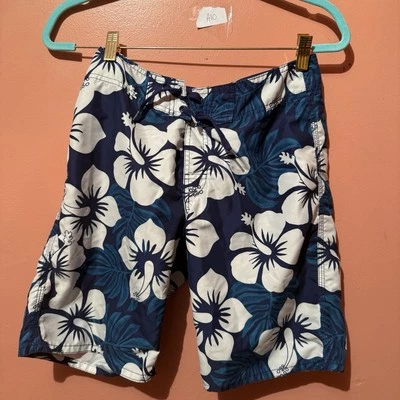 H&M Boys Swim Trunks Shorts 12-14 Blue White Hawaiian Hibiscus Flower Swimwear - Image 1 of 4