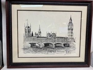 Westminster Bridge Houses of Parliament London Radierung Druck Lithographie - Bild 1 von 8
