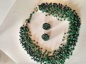 Hong Kong Multi Strand Forest Green Necklace & Clip Earrings, Gold Tone Clasp - Picture 1 of 5