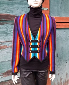 Vintage Cropped Wolljacke brillante Regenbogenfarben mit Concho Reißverschluss vorne -1980 - Bild 1 von 6