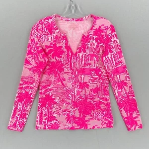 Lilly Pulitzer Long Sleeve Split V Neck Top Womens XS Pink Beach Print Cotton - Picture 1 of 14