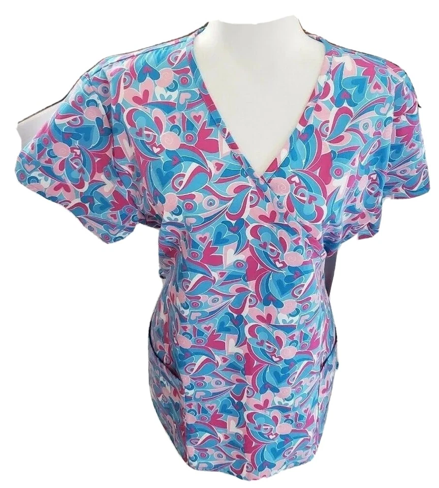 Amanda Scrubs Women's New Short Sleeve Front Pocket V Neck Top Faux Wrap XL - Image 1 of 4