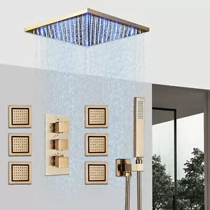 Brushed Gold Thermostatic Shower Faucet Set Massage 12'' Rain Head Combo System - Picture 1 of 9