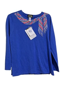 Bob Mackie Women's Pullover Sweater Size Large Blue Scarf Embroidered Beaded - Picture 1 of 9