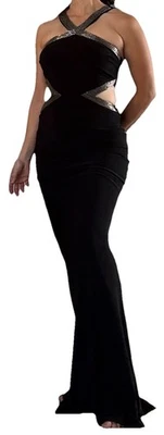 Maxi Vestido Symphony Negro Vestido Formal Fiesta Cuentas Halter Cuello Talla Pequeña Nuevo con Etiquetas Foto 1 de 4