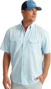 HUK Mens Tide Point Solid Short Sleeve Button Down Shirt, Ice Water, XL - Picture 1 of 6