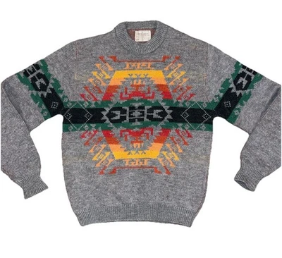 VTG Pendleton High Grade Western Wear Wool Aztec Sweater USA S Gray Sunburst - Image 1 of 4