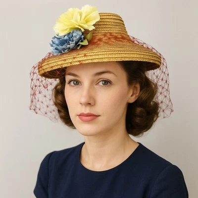 Vintage 1950s Straw Hat w/ Veil & Flowers Cream & Blue Millinery Fascinator Net - Image 1 of 4