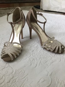 JUST FAB NewOrleans 10 M Beige Ankle T-Strap Peeptoe Strappy Jewled Slim Heels - Picture 1 of 8