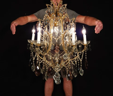 HUGE Antique Venetian 6 Arm 7 Lite Beaded Rare Prisms Birdcage Chandelier Cover