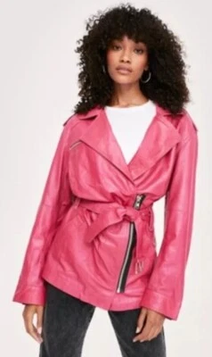 NEW NASTY GAL HOT PINK SOFT REAL LEATHER ZIP BELTED OVERSIZED JACKET FESTIVAL  - Image 1 of 4