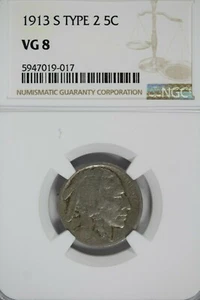 1913-S Type 2 Buffalo Nickel : NGC VG08 - Picture 1 of 4