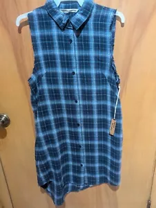 NWT Hippie Laundry Blue Plaid Long Button Sleeveless Shirt, Small - Picture 1 of 3