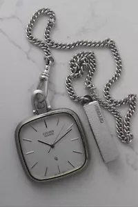 Citizen Quartz Square Pocket Watch with Chain – Silver, Japan Movement - Picture 1 of 3