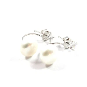 White Freshwater Pearl Earrings with Cubic Zircornia Sterling Silver 8.5-9.0mm - Picture 1 of 4