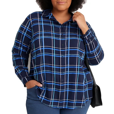 Top Susan Graver para mujer 3X azul marino cuello a cuadros botón delantero manga larga Foto 1 de 4