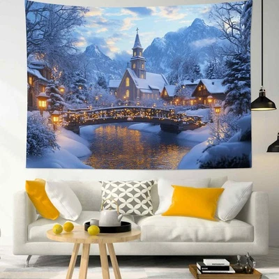 Winter Farmhouse Rustic Christmas Village Tapestry for Bedroom Living Room Dorm - Image 1 of 4