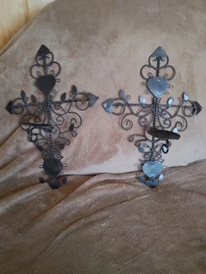 Juego de 2 bollos de vela de pared de corazón desplazado de hierro forjado/metal Foto 1 de 4