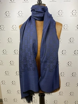 Gucci shcal wolle und seide wool and silk scarf chale Blu Scuro e Nero Foto 1 de 4