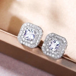 Men & Women 18k White Gold Cubic Zirconia Zircon Halo Square Stud Earrings Gift - Picture 1 of 7