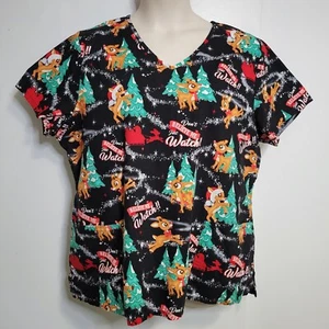 Rudolph The Red Nosed Reindeer Size 2x Black Cotton Holiday Scrub Top - Imagen 1 de 6