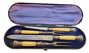 Antique JOSEPH RODGERS  sm/LG Carving Sets w/Sterling RAMS HEADS - Picture 1 of 9