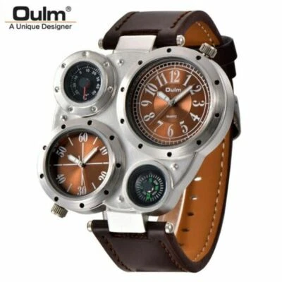 OULM Men Military Army Watch Dual Time Zone Big Dial Black/Brown Leather Watches — 第 1/4 张图片