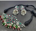 Indian Bollywood Silver Oxidised Plated Pearl Bridal Choker Necklace Jewelry Set
