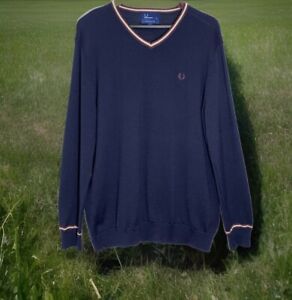 Fred Perry Pullover Striped On V-Neck Merino Wool Sweater Navy Size Extra Large