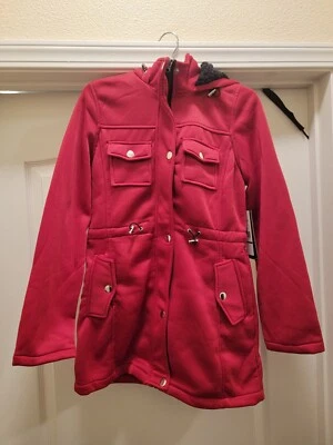 Abrigo de lluvia Big Chill con capucha polar para mujer talla pequeña Parka cremallera completa largo rojo Foto 1 de 4