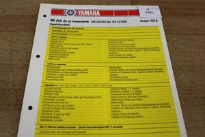 Yamaha RD200DX 1E8 1978 Inspektionsblatt Daten und Füllmengen xz1935 - Picture 1 of 1
