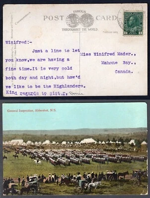 Canada Military 1913 ALDERSHOT CAMP MILITIA Postmark on Postcard to Mahone Bay - Image 1 of 3