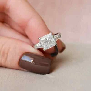 3.00CT Princess Cut Moissanite 3 Stone Engagement Ring 14k White Gold Plated - Picture 1 of 8