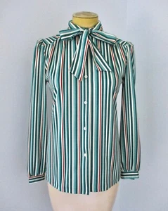 Vtg 70s Green Rust Stripe Secretary Knit Blouse Peplum Top Pussy Bow Tie Belt 10 - Picture 1 of 9