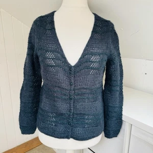 Sezane Cardigan Size M Bottle Green Merino Wool & Mohair Openwork Knit Alanis - Picture 1 of 11