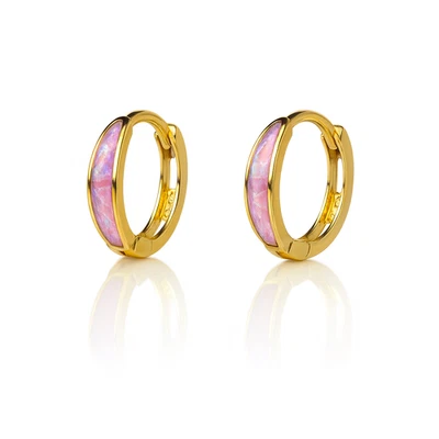 Pendientes de aro Huggie de ópalo rosa claro de oro amarillo de 14k Foto 1 de 2