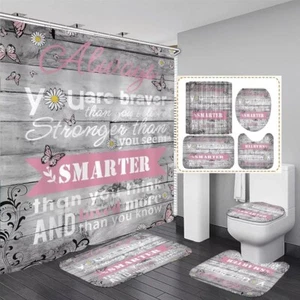 4Pcs Inspirational Quotes Shower Curtain Sets with Rugs Floral Bathroom Decor Se - Picture 1 of 7