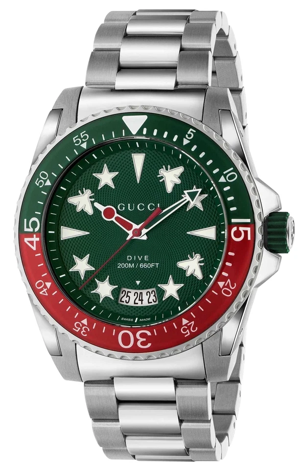 Gucci Dive Stainless Steel Green Dial Date Divers Quartz Mens Watch YA136222
