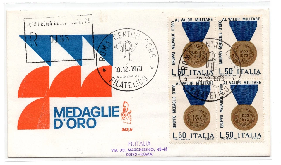 Itália FDC Venetia 1973 medalhas de ouro quarto corrida de viagem. para Itália - Imagem 1 de 1