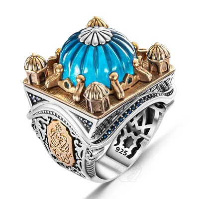 Anillo musulmán de plata de ley 925 diseño mezquita islámica piedra aguamarina para hombre Foto 1 de 4