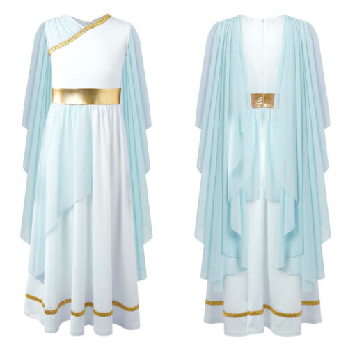 Girls Roman Costume V Neck Gown Dress Ancient Greek Grecian Toga Fancy Dress Up