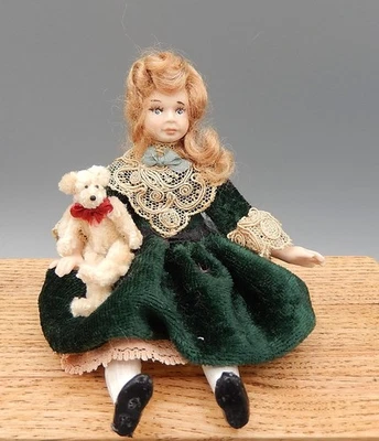 复古 Liz Staryk 瓷器 维多利亚女孩娃娃 泰迪熊 娃娃屋 微型 1:12 — 第 1/4 张图片