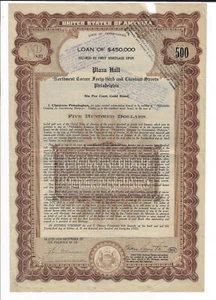 PENNSYLVANIA 1925 Plaza Hall Bond Certificate 43rd & Chestnut Sts Philadelphia - Picture 1 of 2