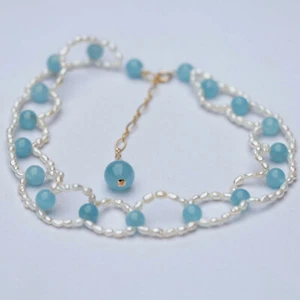 NO167 Feshwater pearl lace necklace/Choker natural aquamarine 33+7cm Pendant10mm - Picture 1 of 12
