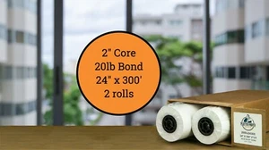 2 Rolls 24"x 300' 20lb Cad Bond HP DesignJet Plotter Paper 2" core Bright White - Picture 1 of 3