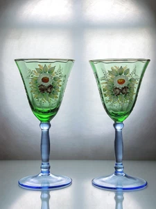 Antique Bohemian Bi-colored Blue Green  Wine Glasses Hand Painted Flowers